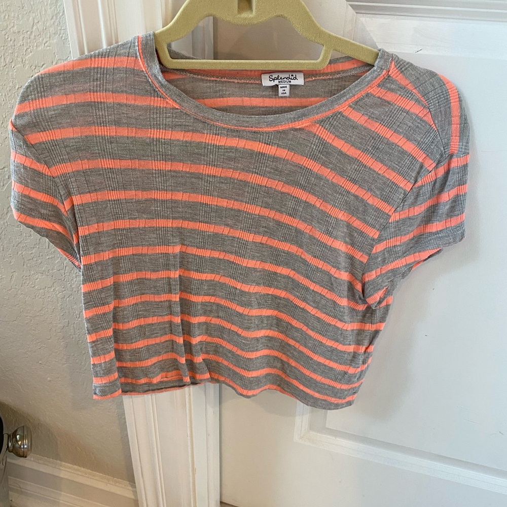 Splendid Cropped Tee - Gray & Peachy Pink Stripes